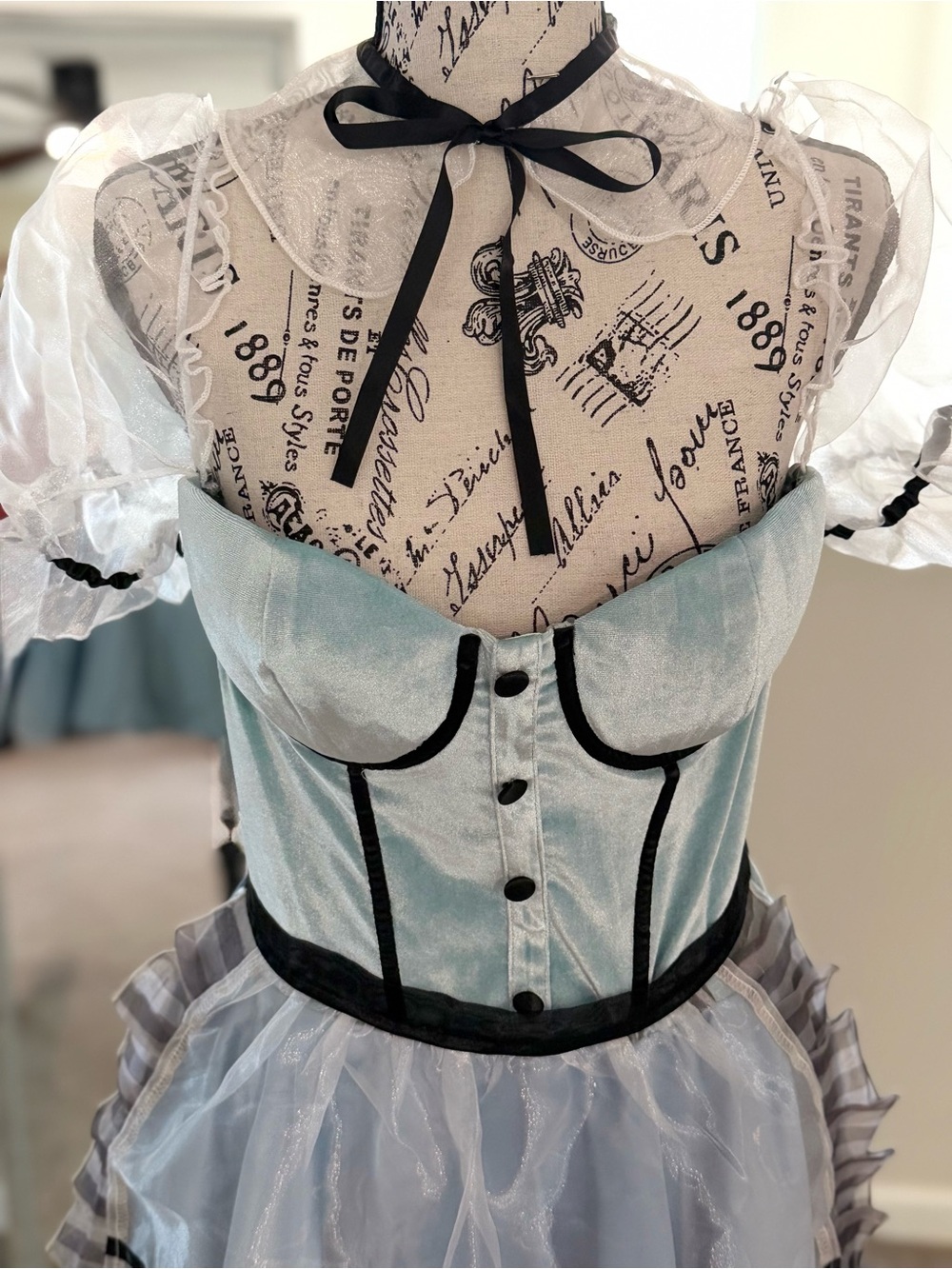 Light Blue Organza Puff Sleeve Corset Dress with Apron - Picture 2 of 10